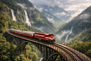 Trem da Serra percorrendo as montanhas da Serra do Mar com vistas espetaculares e cachoeiras