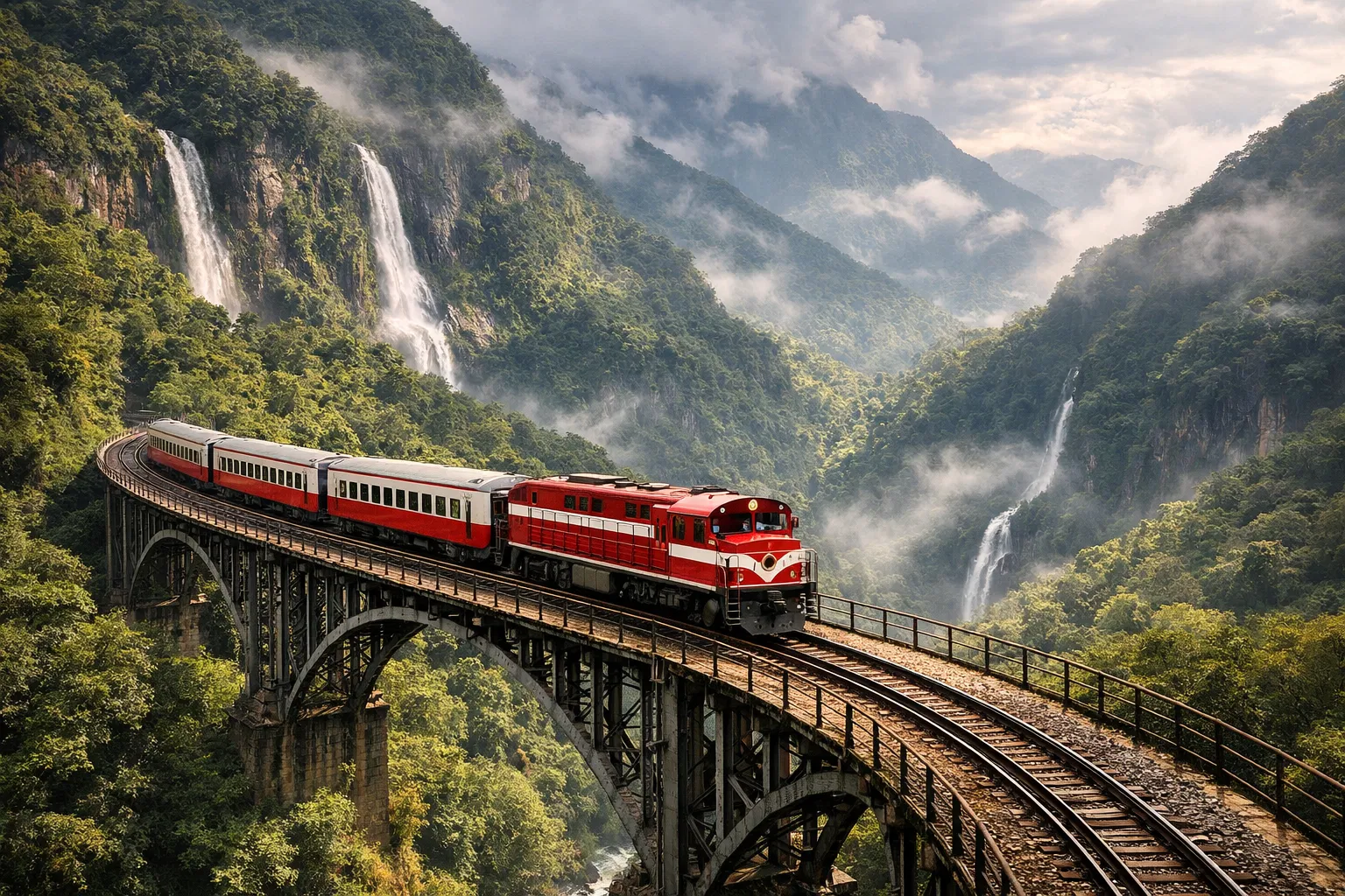 Trem da Serra percorrendo as montanhas da Serra do Mar com vistas espetaculares e cachoeiras