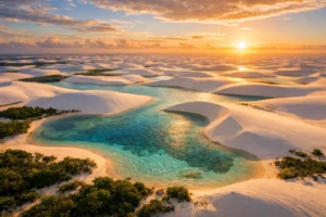 Paisagem espetacular dos Lençóis Maranhenses com dunas de areia branca e lagoas de água doce.