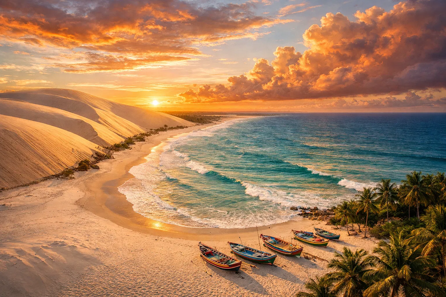 Praia de Jericoacoara com dunas gigantescas e mar cristalino. Fonte: Gerado especialmente para este guia.